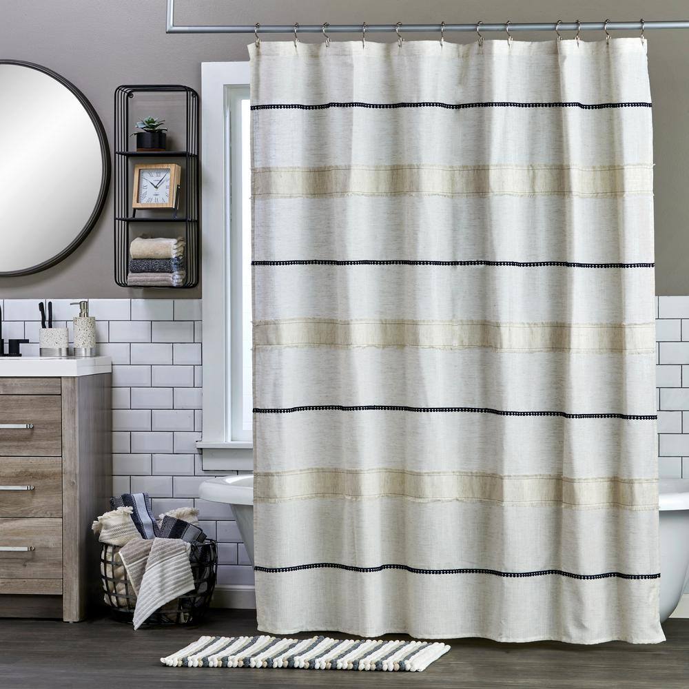 Frayser Beige and Navy Linen Blend Shower Curtain