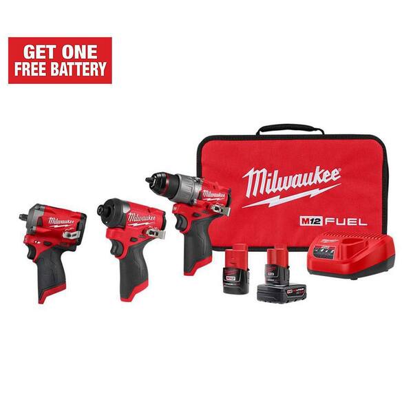 Milwaukee M12 Fuel 12-Volt Lithium-Ion Brushless Cordless Hammer Drill and Impact Driver Combo Kit (2-Tool) with Impact Wrench