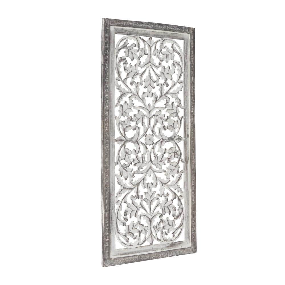 Gray Mango Wood Handmade Intricately Carved Floral Wall Panel
