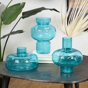Blue Round Glass Decorative Vase with Varying Shapes and Sizes (Set of 3)
