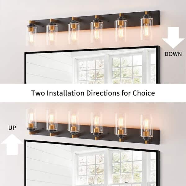 44 in. 6-Light Black and Gold Vanity Light with Clear Glass Shade