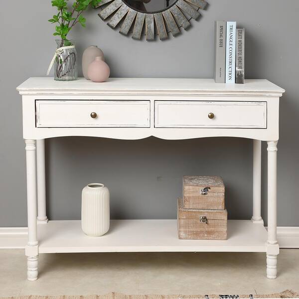 distressed white console table with drawers