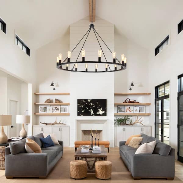16-Light Black Wagon Wheel Rustic Dimmable Linear Chandelier with No Bulbs Included