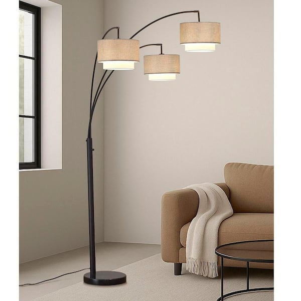 Broadway 83 in. Dark Bronze Finish 3-Light Arch Floor Lamp with Brown/White Shades