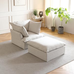 Modern Linen Chair with Ottoman and Pillow in Beige
