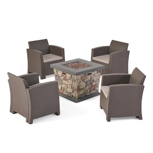 Caley Brown 5-Piece Faux Wicker Patio Fire Pit Seating Set with Mixed Beige Cushions