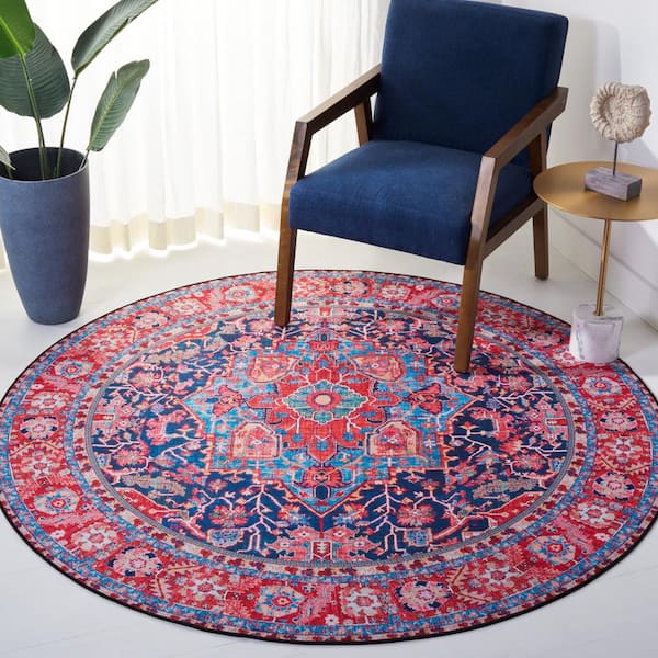 Tuscon Navy/Red 6 ft. x 6 ft. Machine Washable Border Floral Round Area Rug
