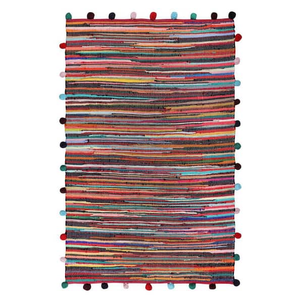 Red, Black 3 X 5 ft. Woven Striped Polyester Rectangle Indoor/Outdoor Area Rug