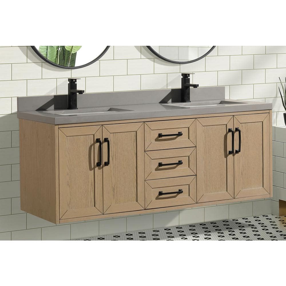 Venice 55" Oak Gray Double Sink Wall-Mount Vanity with Quartz Top