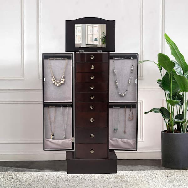 Winado 39.8 in. H x 16.9 in. W x 11.8 in. D Brown Jewelry Cabinet Storage  Chest Necklace Wood Walnut Stand Organizer 753958532870 - The Home Depot