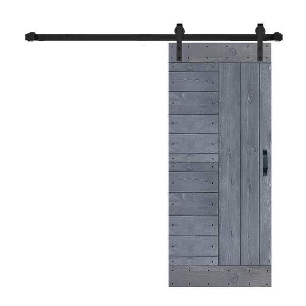 ISLIFE L Series 38 in. x 84 in. Dark Gray Finished Solid Wood Sliding Barn Door with Hardware Kit - Assembly Needed