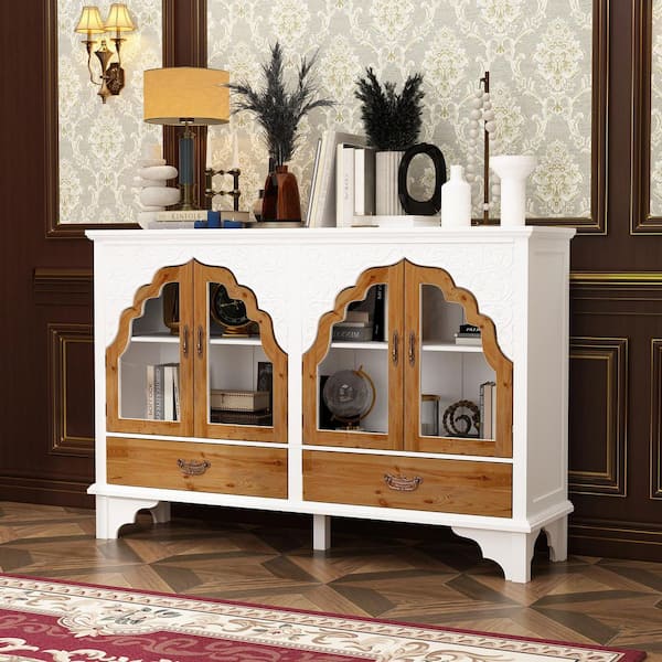 FUFU&GAGA White Finished Wooden Classical Accent Storage Cabinet, Sideboard, Bookcase with 4-Shleves and Tempered Glass Doors