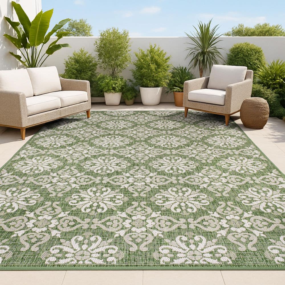 Amora Traditional Mediterranean Tile Design Green/Cream 4 ft. x 6 ft. Indoor/Outdoor Area Rug price history on PriceWatchPro