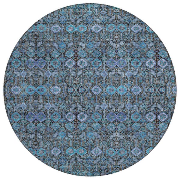 Teal Blue 8 ft. x 8 ft. Woven Geometric Polyester Round Indoor / Outdoor Area Rug