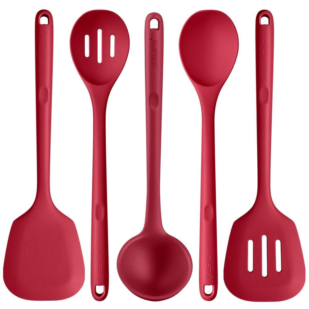 13.6 in. Red Silicone Kitchen Utensil Set, Non-Stick Cooking Tools with Turner, Spatula, Mixing Spoon and Soup Ladle