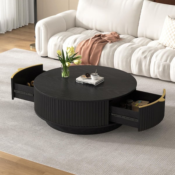35.4 in. Black Round Wood Coffee Table with Storage Drawer, Golden Handle