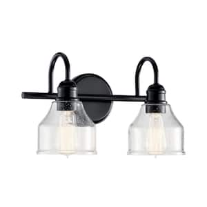 Avery 15 in. 2-Light Black Industrial Bathroom Vanity Light with Clear Seeded Glass