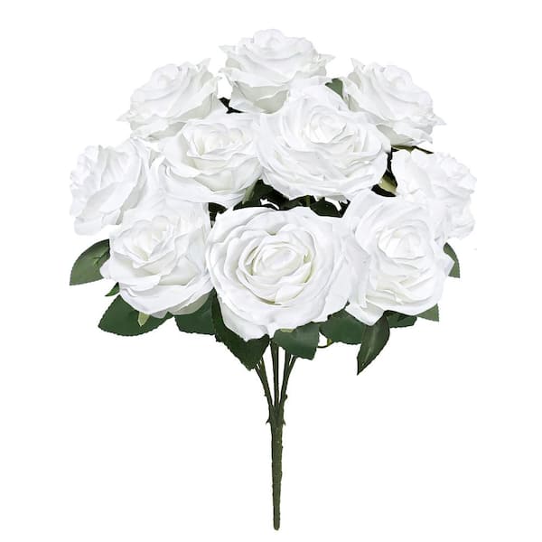 LIVING LUXURY 18 in. White Artificial Queen Rose Flower Stem Bush Bouquet (Set of 2)