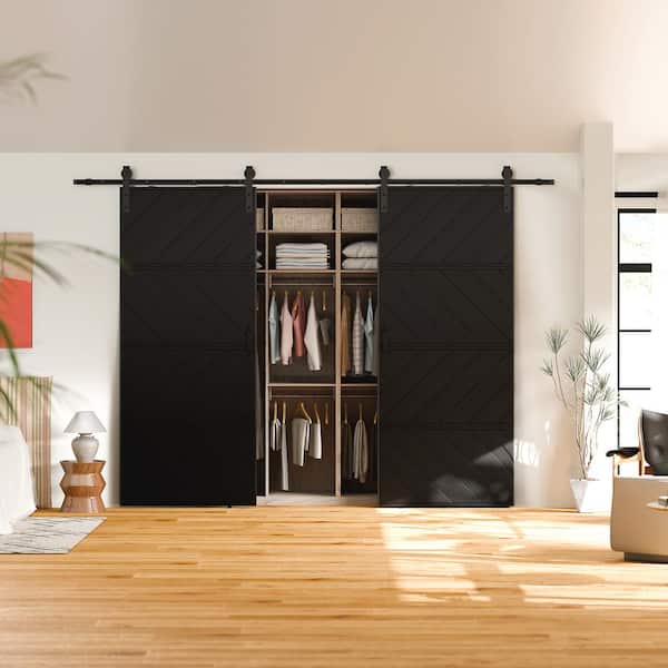 72 in. x 84 in. (36 in.W Doors x 2) Black, Wood Panel Textured, MDF and PVC Covering Sliding Barn Door w/ Hardware Kit