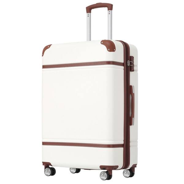 Tatahance 24 in. White Vintage Luggage Expandable Lightweight Suitcase with TSA Lock and Spinner Wheels