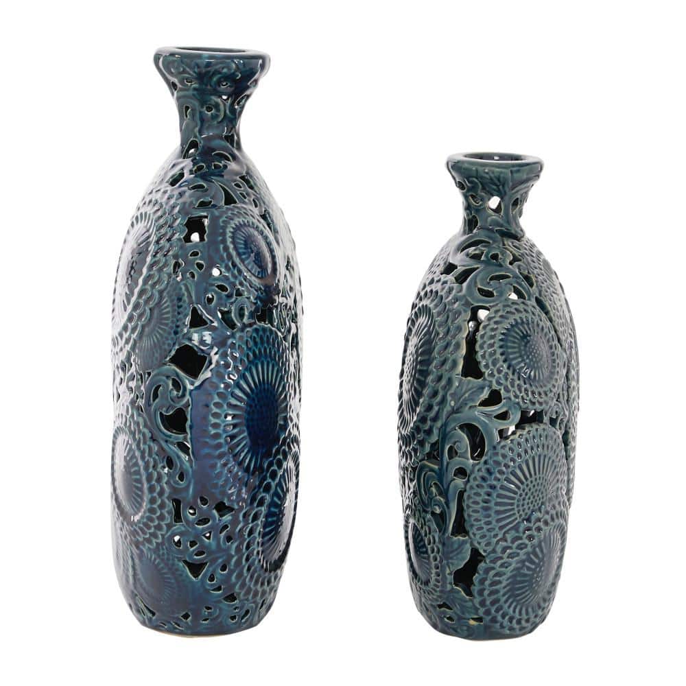 Eclectic Floral Blue Ceramic Bud Vase Set, 13" and 15.5" Height