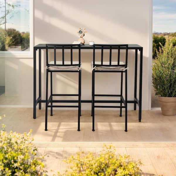Black Steel Frame 3-Piece Metal Rectangular Outdoor Serving Bar Set with Beige Cushions