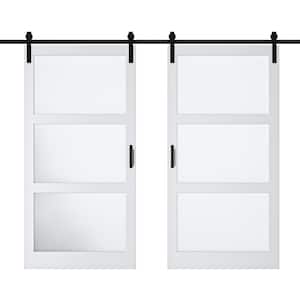 84 in. x 84 in. 3-Lite Tempered Frosted Glass White MDF Finished Double Sliding Barn Door Slab with Hardware
