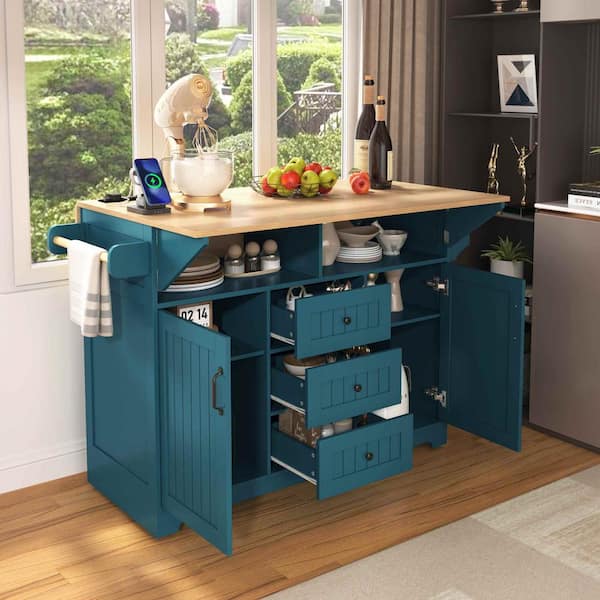 Green Wood 55.75 in. W Kitchen Island with Spice and Towel Rack, 3 Drawers