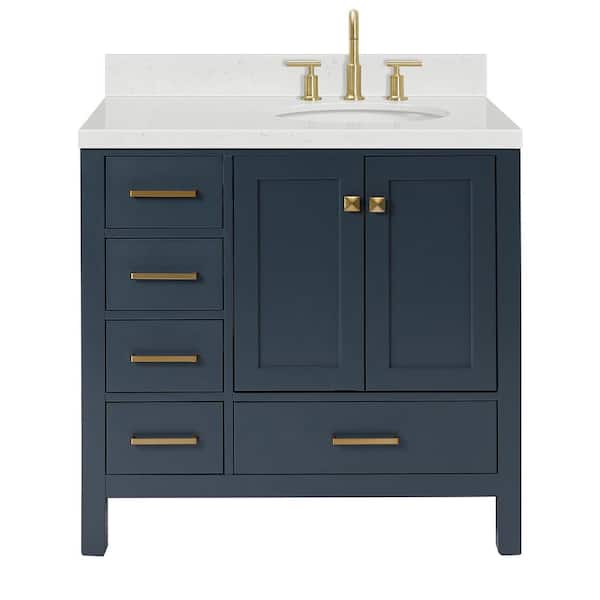 Cambridge 36 in. Single Sink Freestanding Bathroom Vanity in Midnight Blue with Carrara White Quartz Top