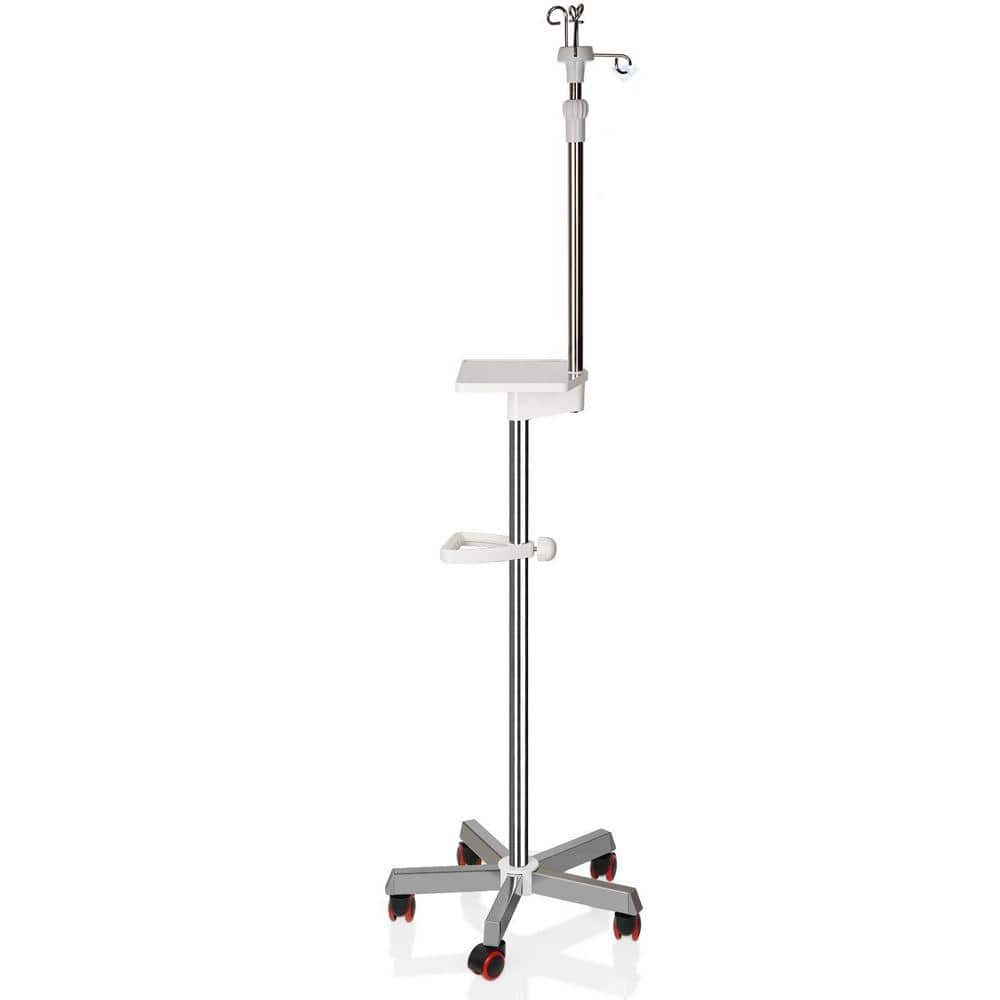 57 in. Stainless Steel Medical IV Pole with Wheels, Tray, Hooks, Adjustable Height Grab and Assist Bars for Medical Use