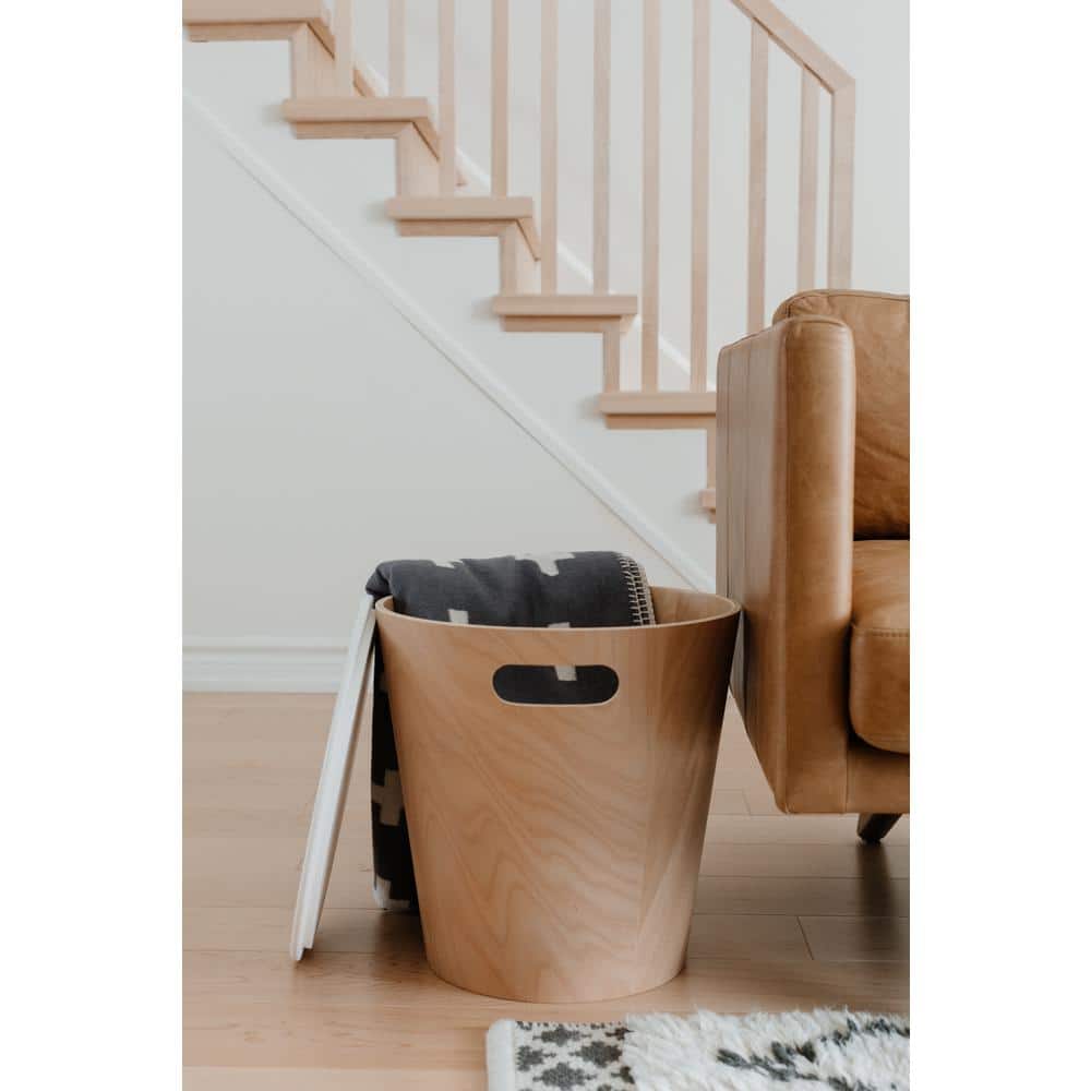 White and Light Wood Round Storage Ottoman Stool