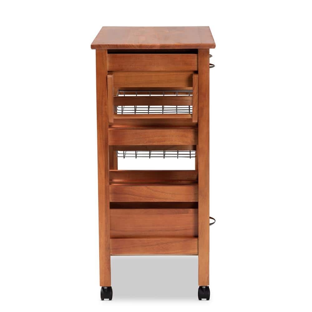 Crayton Oak Brown and Silver Mobile Kitchen Cart with Wine Storage