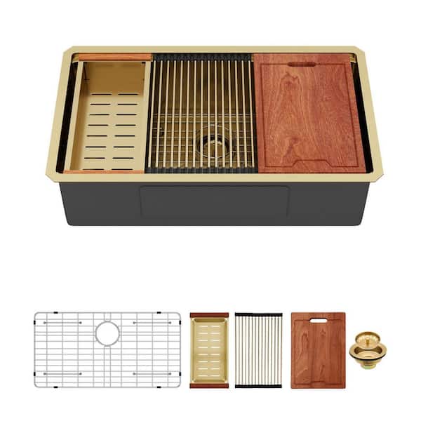 33 in. Undermount Singel Bowl 16 Gauge Gold Stainless Steel Kitchen Sink with Drain, Cutting Board and Colander