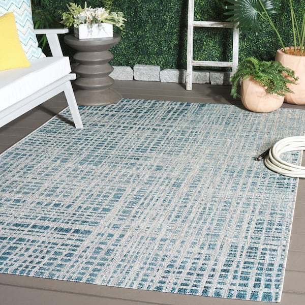 Courtyard Gray/Blue 8 ft. x 11 ft. Distressed Geometric Indoor/Outdoor Area Rug