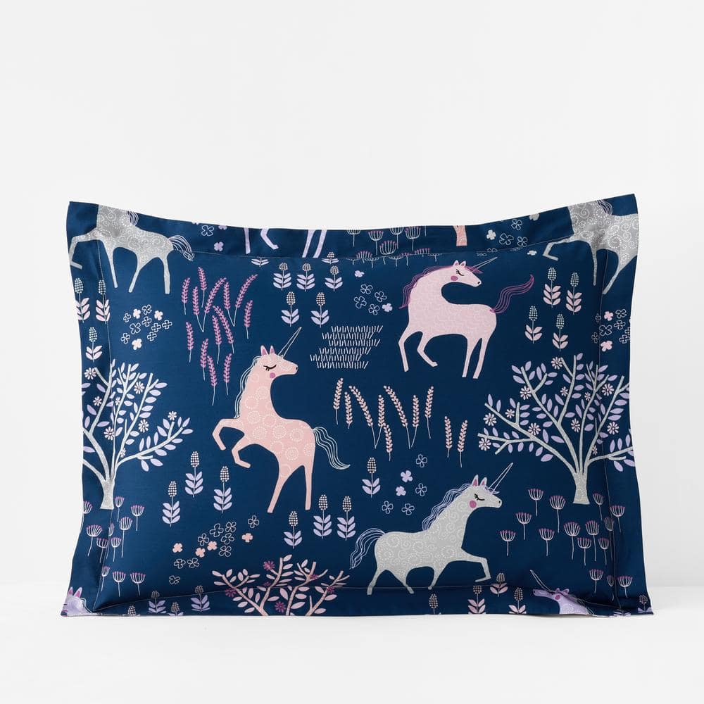 Photos - Bed Linen Company Kids Unicorn Forest Organic White/Navy Cotton Percale Standard Sha