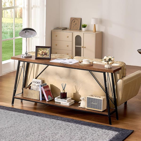 Narrow Console Sofa Table, Narrow Sofa Table with Metal Frame, 70.9 in. Behind Couch Table, 2-Tier Long Entryway Table