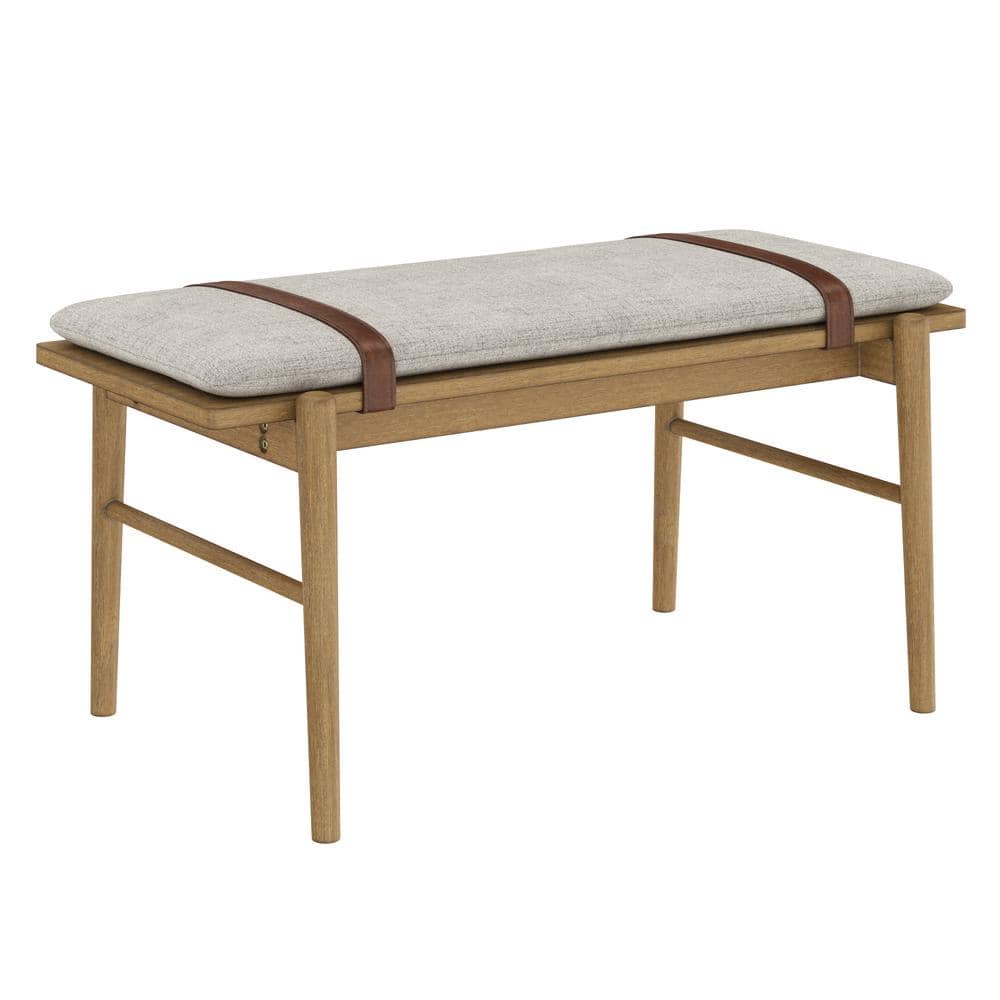Gugan Mid-Century Light Brown Bench with Removable Ivory Cushion