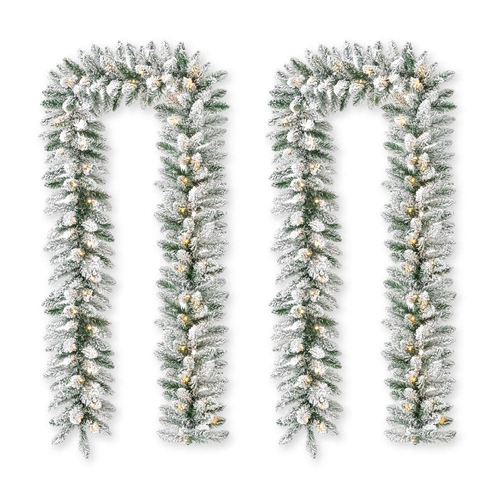 6 ft. L Pre-Lit Snow Flocked Christmas Garland, with 35 Warm White LED Lights and Timer, Three Function Set of 2 ） -  Glitzhome, 2016000026