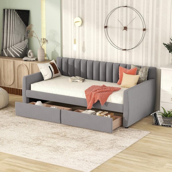 CSC DECOR INC Gray Velvet Tufted Upholstered Twin Daybed with Trundle, Twin Size Day Bed Frame with Drawers and Headboard