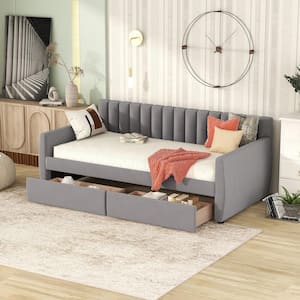 Gray Velvet Tufted Upholstered Twin Daybed with Trundle, Twin Size Day Bed Frame with Drawers and Headboard