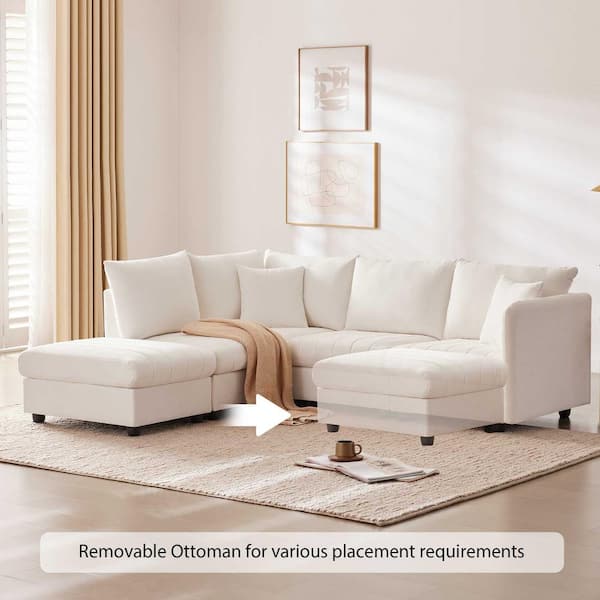 89 in. Square Arm Fabric L-Shaped Sofa with Vertical Stripes in White