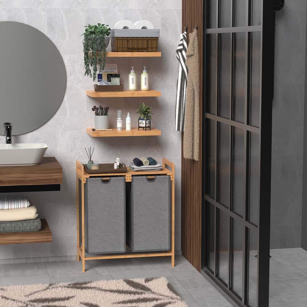 Natural Bamboo Dual Compartment Laundry Sorter with Gray Bags