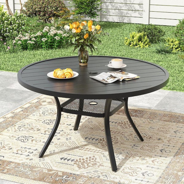 Black 47.2 in. Round Outdoor Patio Table, All-Weather Metal Dining Table with Umbrella Hole for 6-Person Seater