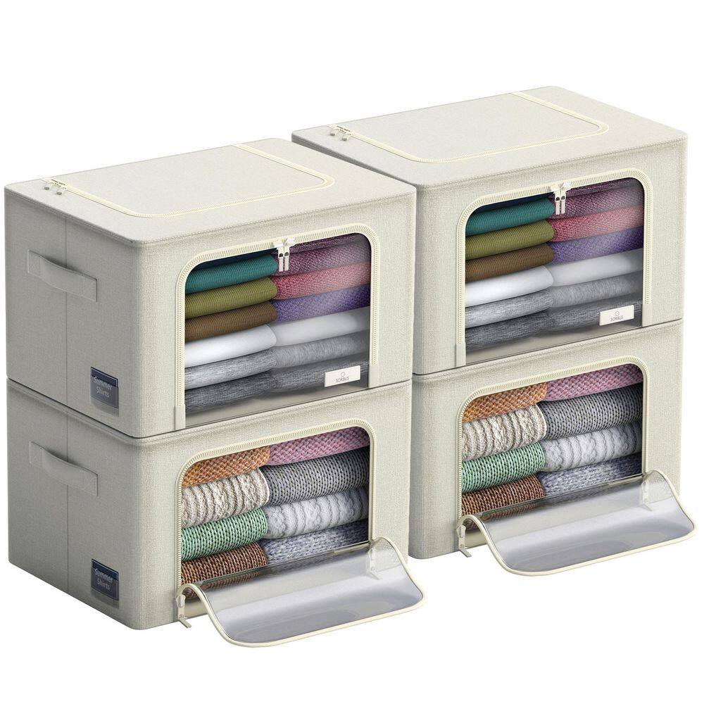 Beige 19.5 in. x 13 in. Fabric Decorative Box Set of 4, Stackable Storage Bins with Metal Frame, Window, & Handles