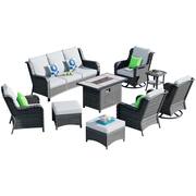 Joyoung Gray 9-Piece Wicker Patio Rectangle Fire Pit Conversation Set with Gray Cushions and Swivel Chairs