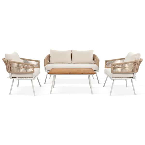 Tenleaf 4-Piece Metal Patio Conversation Set with Beige Cushions, with Acacia Wood Table, Deep Seating