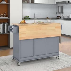Gray-Blue Solid Wood Top 52.7 in. W Kitchen Island on 5-Wheels with 3 Storage Drawers and Drop Leaf Breakfast Bar