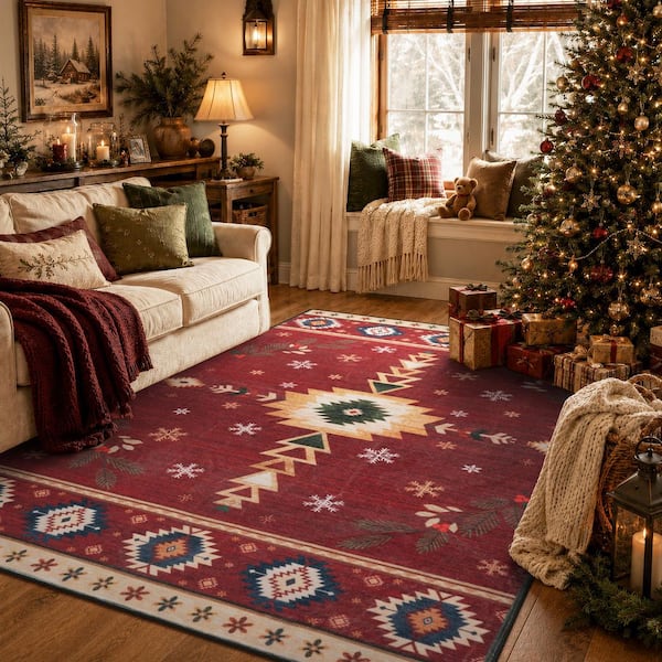 Washable Christmas Vintage Boho Tribal Snowflake Non Slip 5 ft. x 7 ft. Red Living Room Bedroom Indoor Area rug