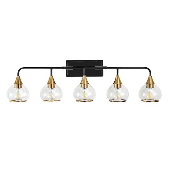 HKMGT 39.6 in. 5-Light Black and Gold Vanity Light with Clear Glass Shade