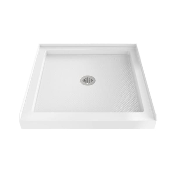 SlimLine 36 in. L x 36 in. W Alcove Square White Shower Pan Base with 2 in. Round Center Drain in Brushed Nickel